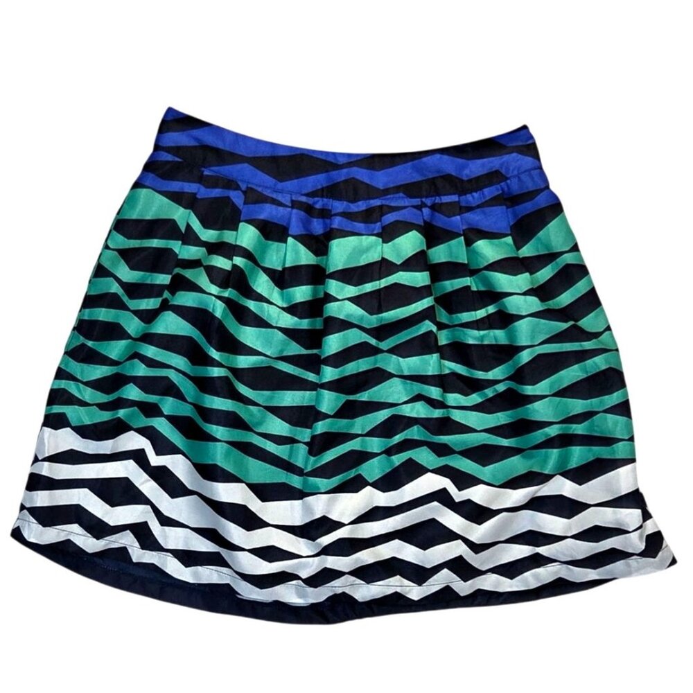 Paraella Blue Black Geometric Striped Pleated A-Line Mini Skirt Size Small